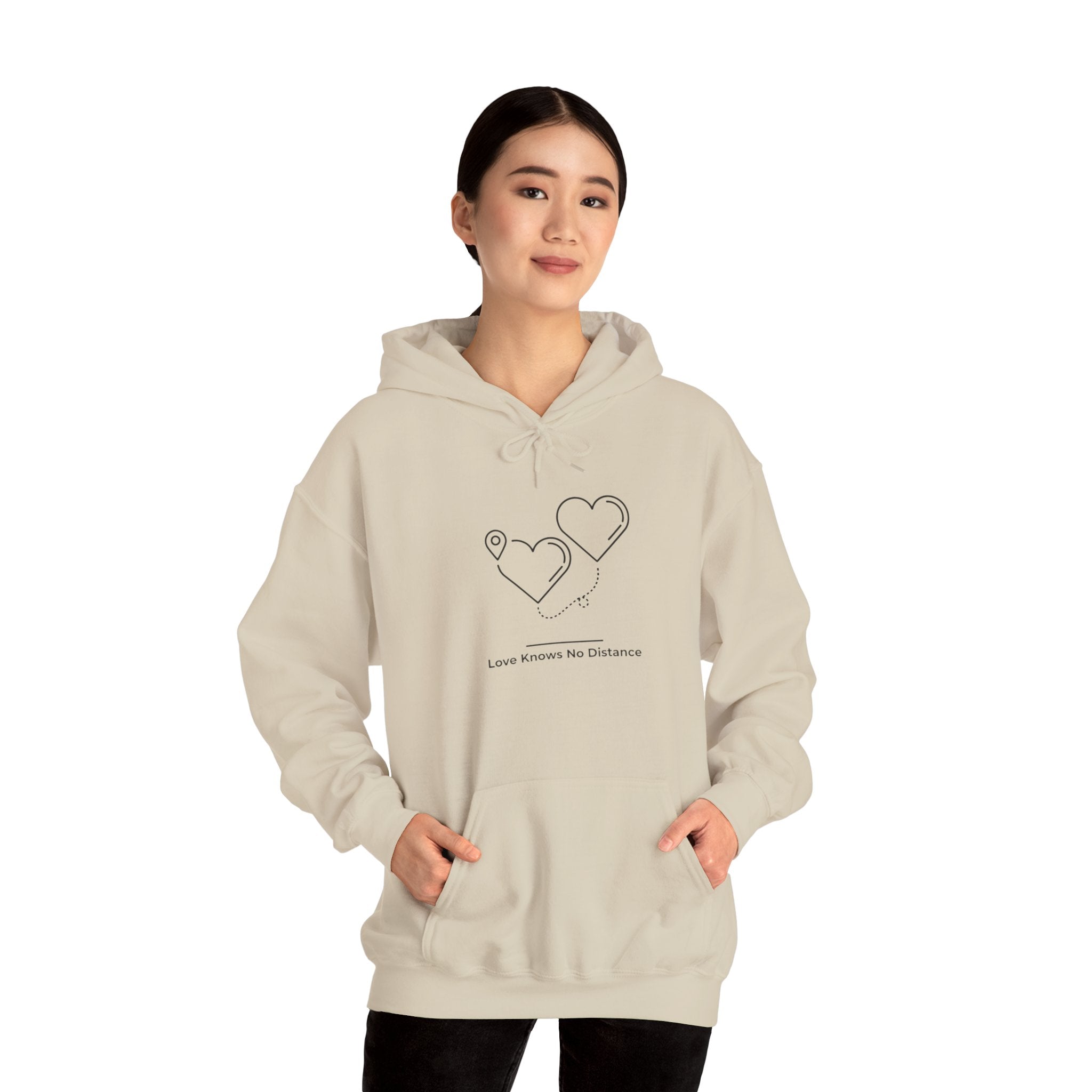 Long Distance Love Hoodie — "Love Knows No Distance" Minimal Heart Design