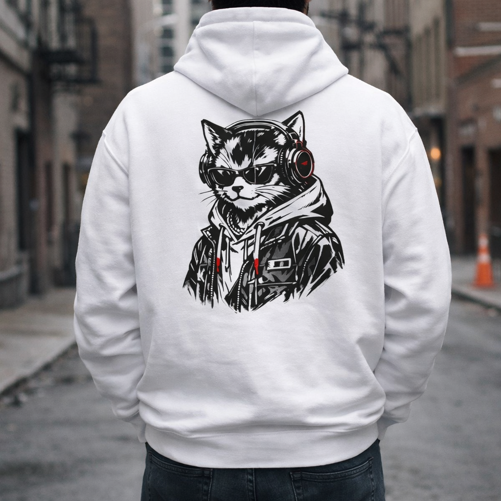 White Cat DJ Graphic Hoodie – Unisex Retro Cool Cat with Headphones Pullover