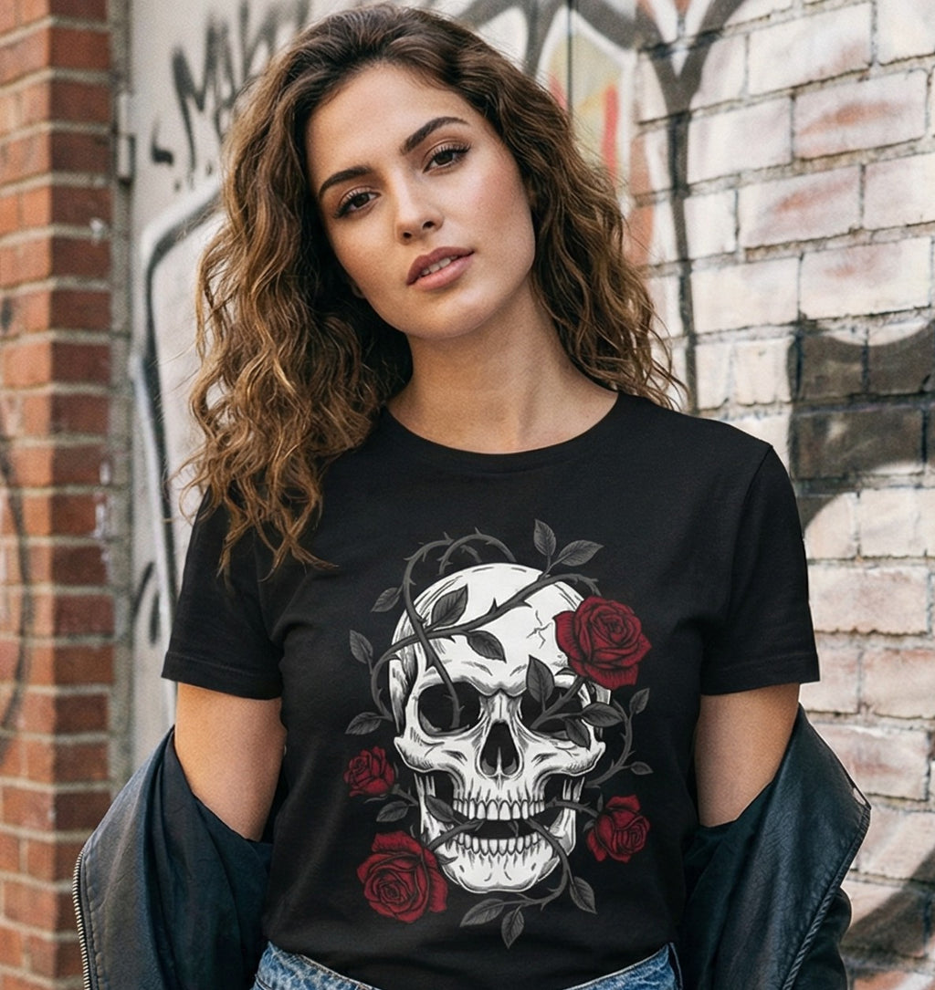 Gothic Skull & Roses Tee | Edgy Floral Skeleton Graphic | Grunge Streetwear