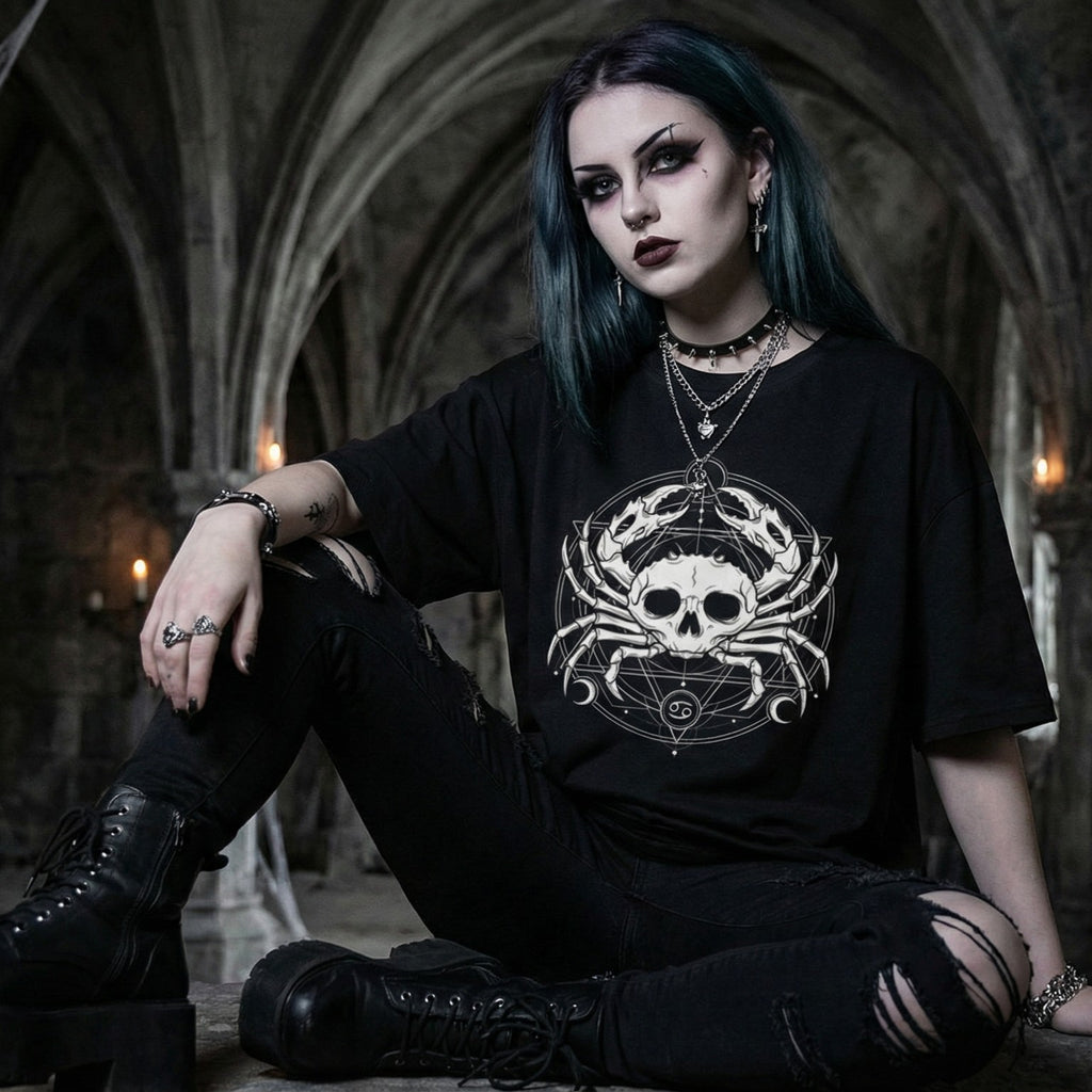 Cancer Zodiac Skull T-Shirt | Dark Occult Graphic Tee | Zetrease