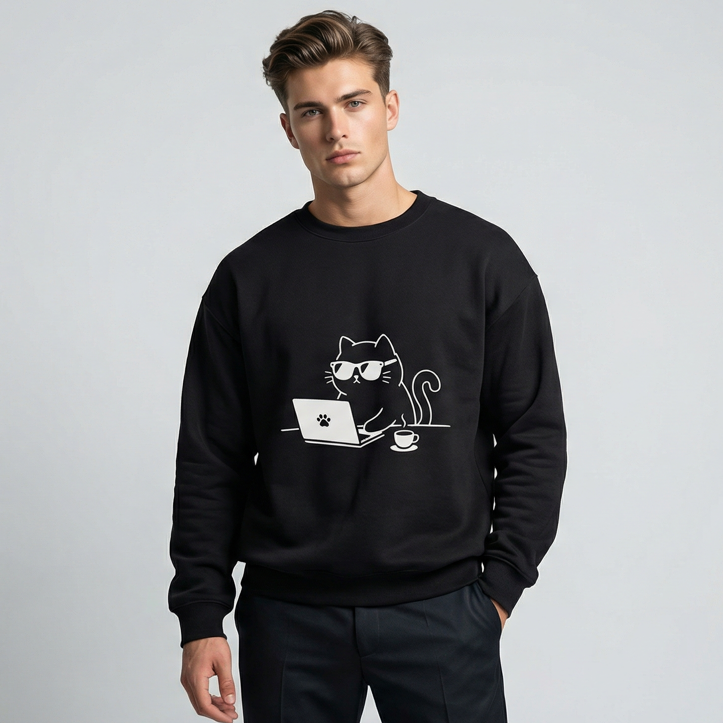 Hacker Cat Sweatshirt | Minimalist Graphic Crewneck | Zetrease