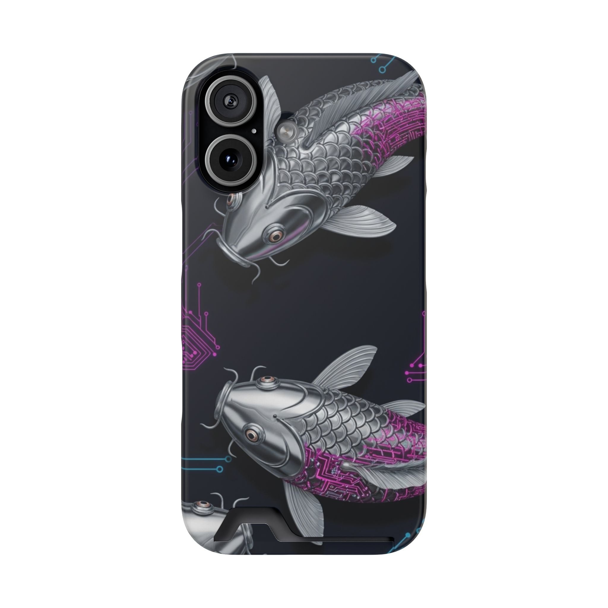 Koi Tech Card-Holder Phone Case — Metallic Silver & Purple Fish Design