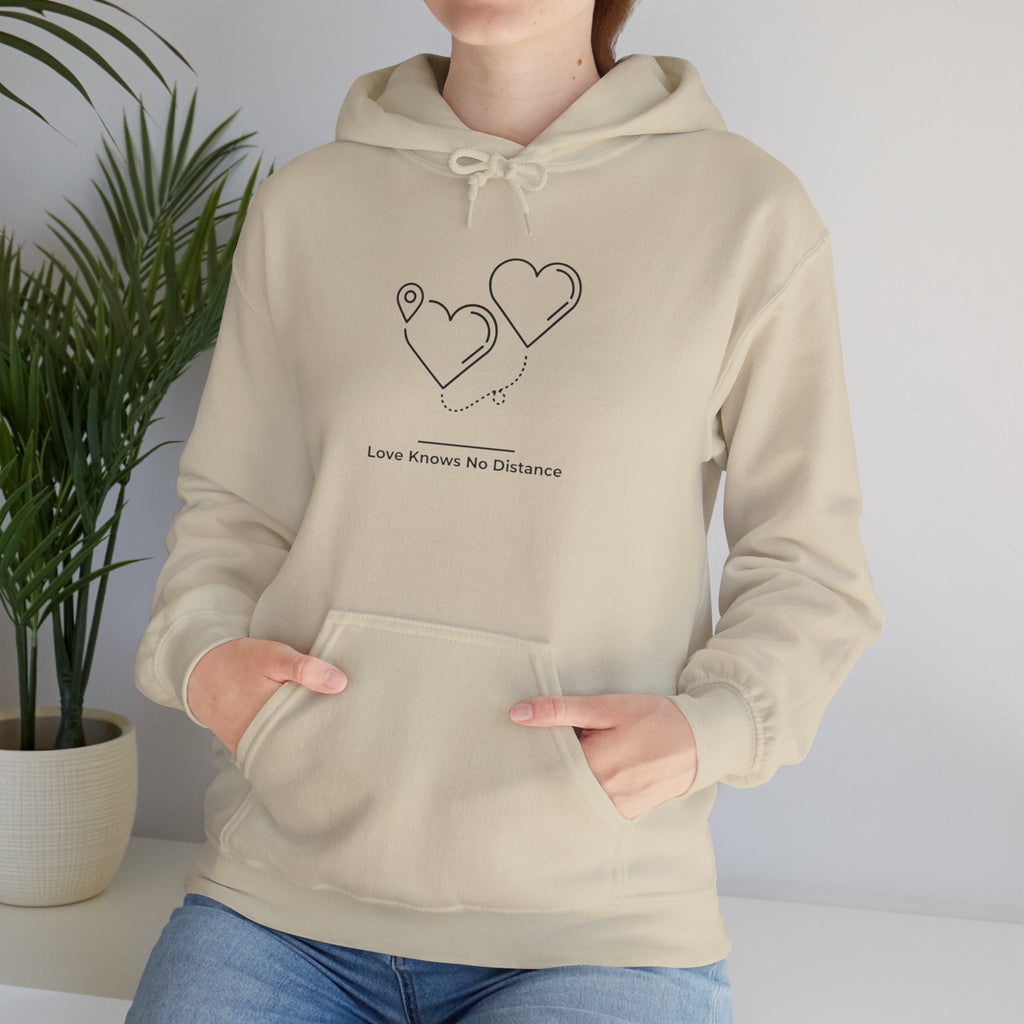 Long Distance Love Hoodie — "Love Knows No Distance" Minimal Heart Design