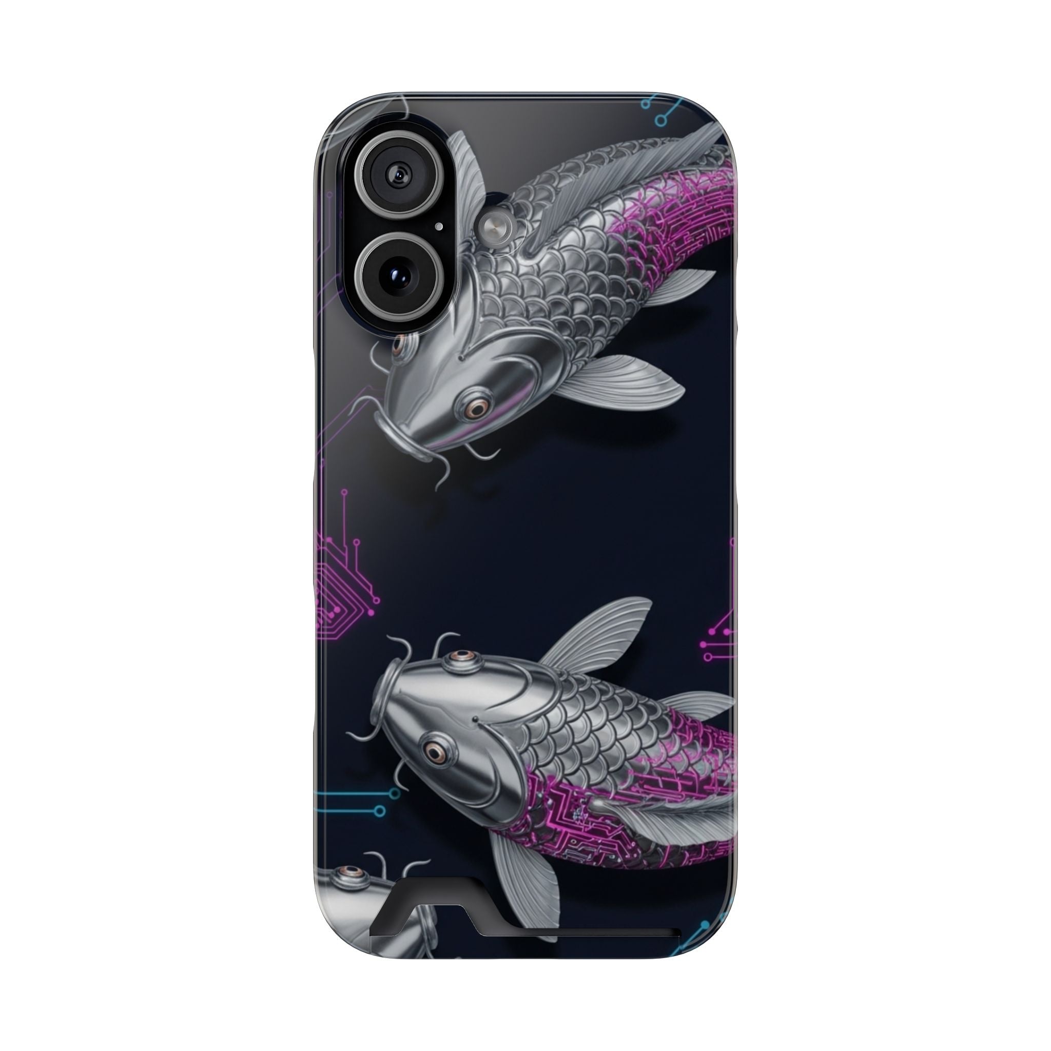 Koi Tech Card-Holder Phone Case — Metallic Silver & Purple Fish Design